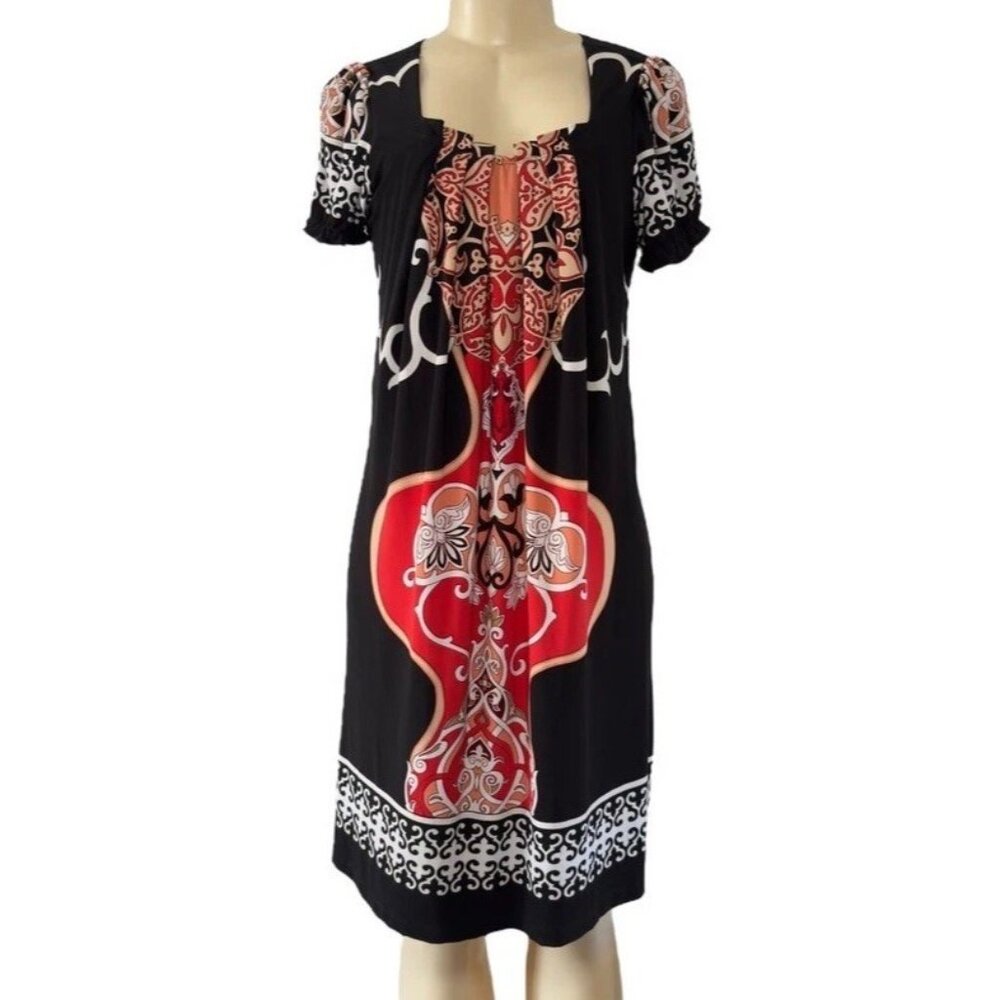 Carole Little Women’s Black Short  Dress Pleated Scoop‎ Neck Orange Red Batik 10